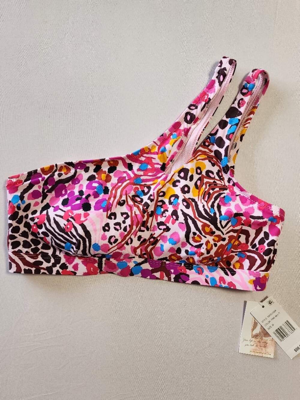NWT Jessica Simpson Bikini Top One-Shoulder Pink Multi Swim Size M